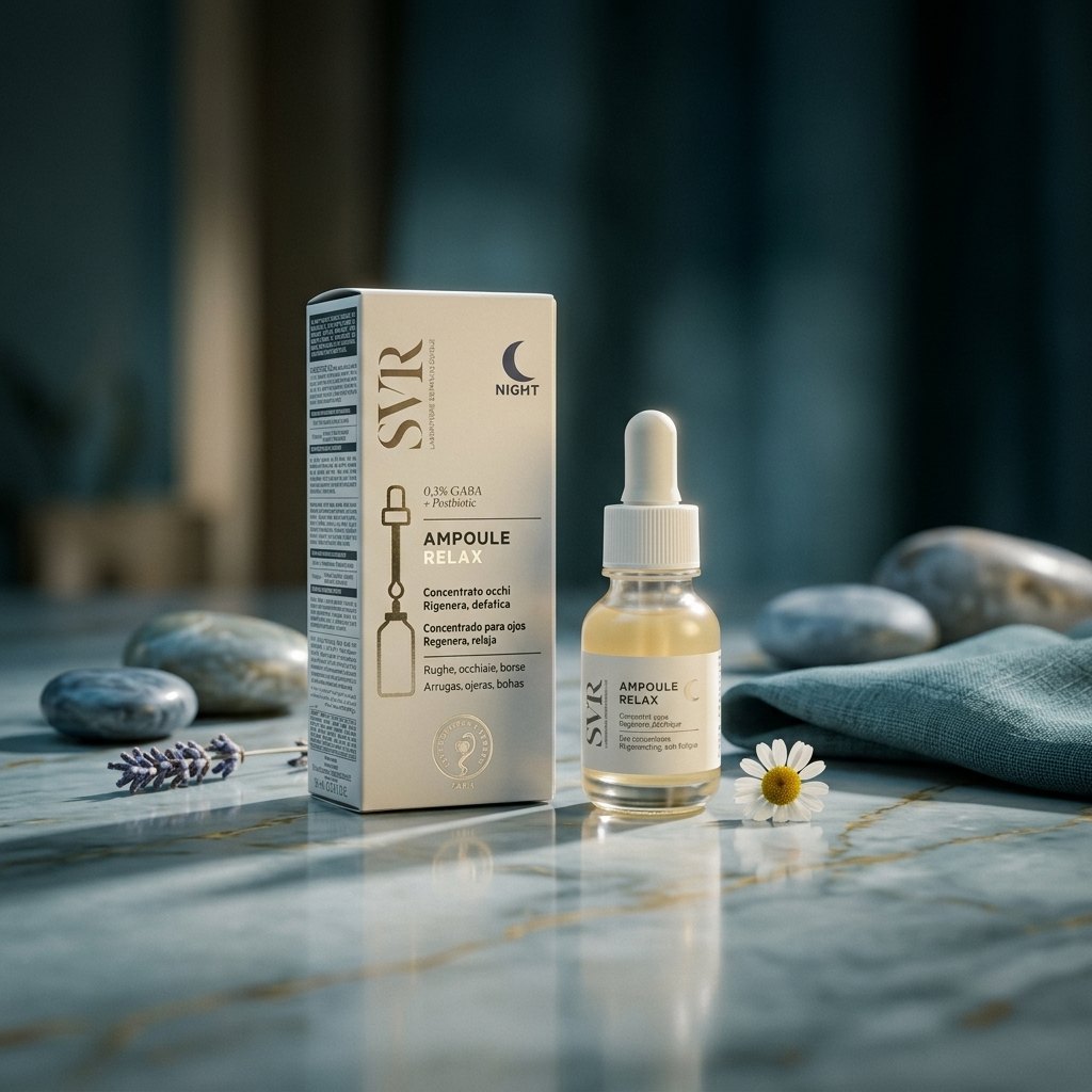Ampoule Relax SVR, concentré yeux de nuit, sur marbre avec lavande et camomille