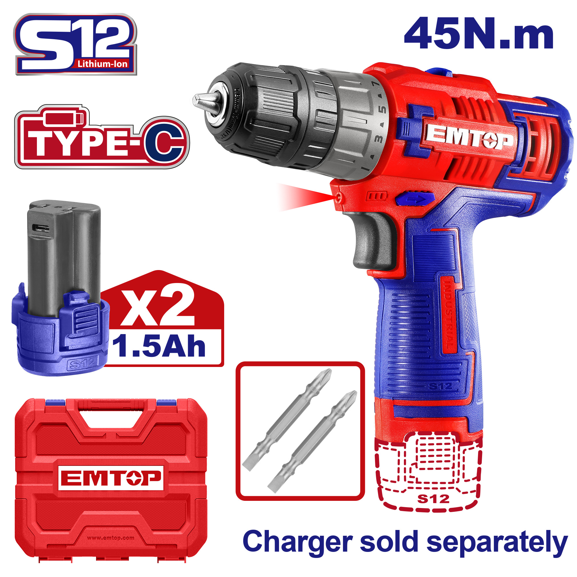 Visseuse 45nm type-c 12v +2b 1,5ah EMTOP